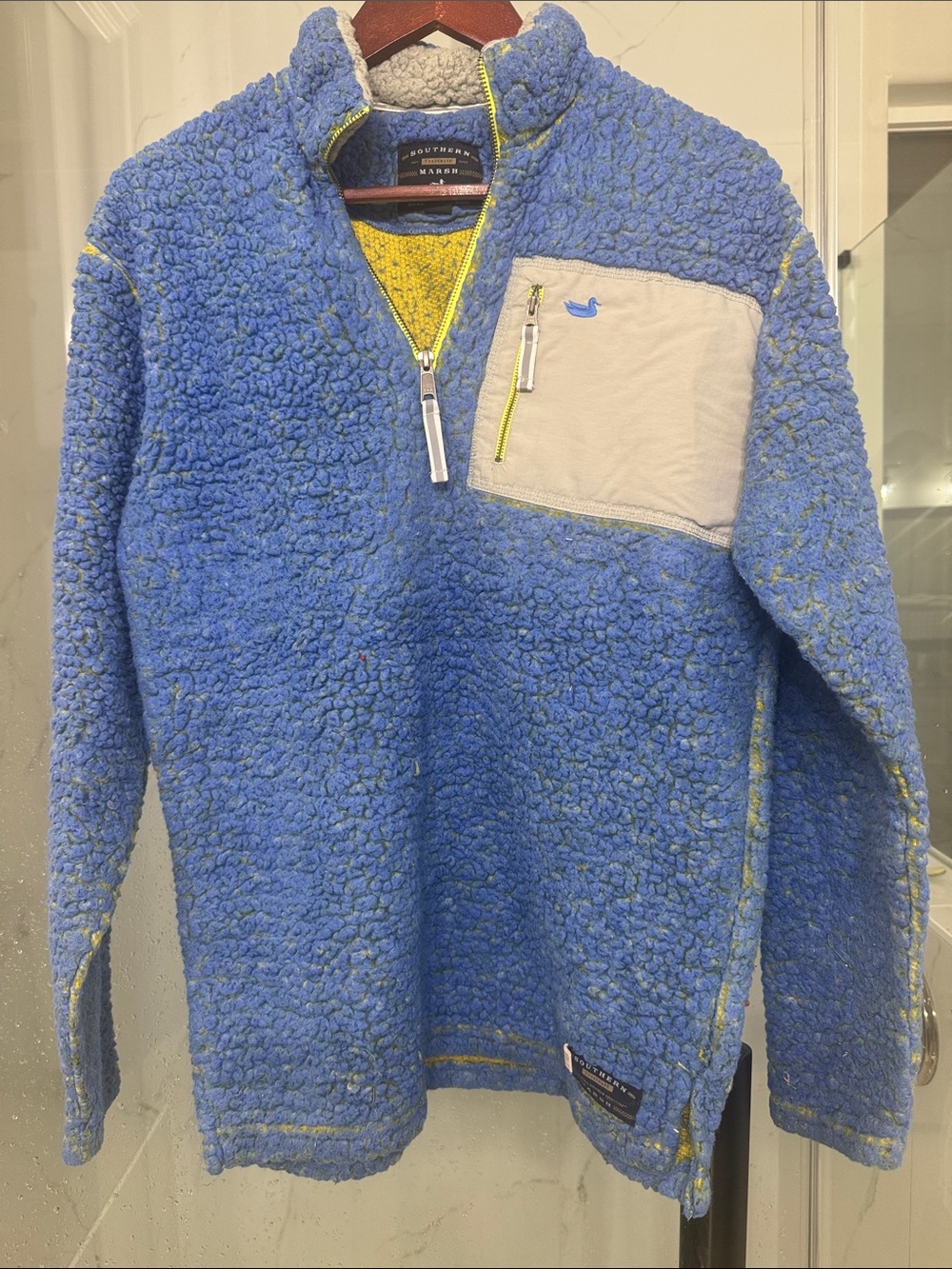 Southern Marsh Blue Sherpa Quarter-Zip with Yellow Trim and Cream Pocket